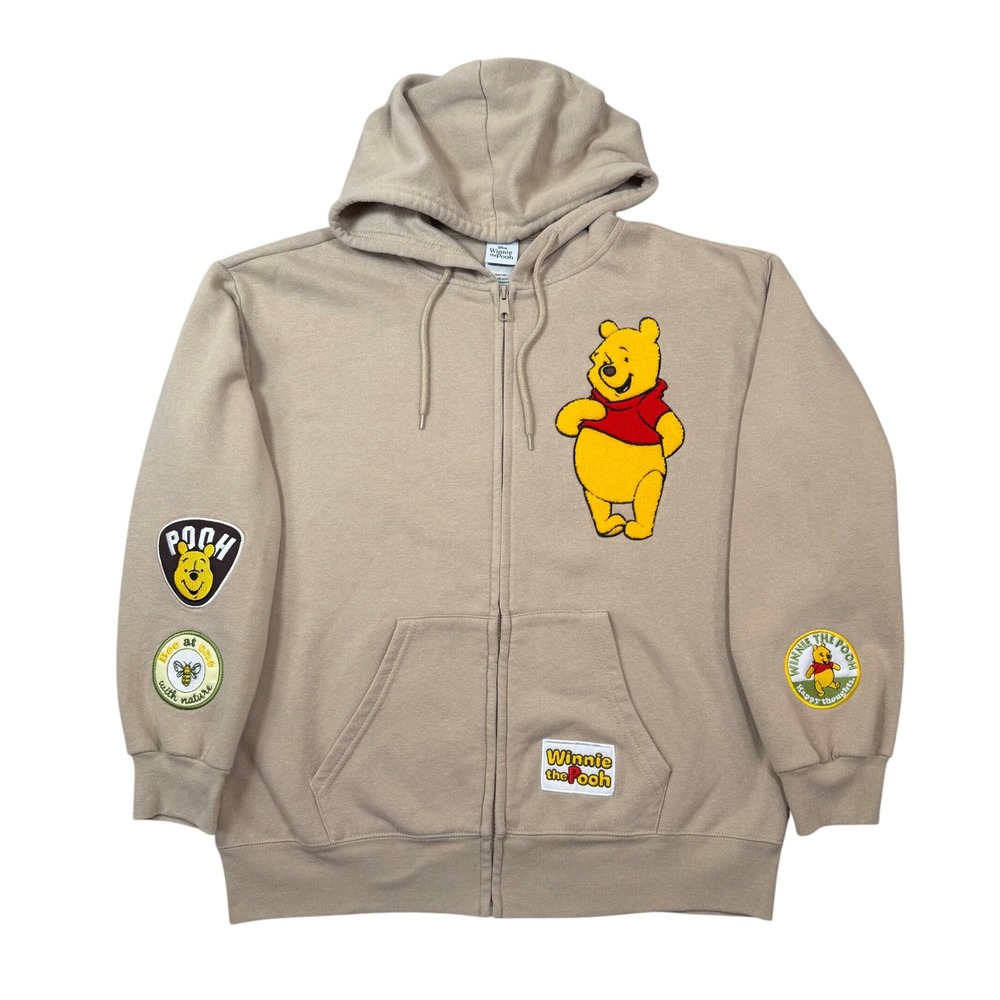 Disney Winnie the Pooh Hoodie XL Full Zip Embroidered Patch Pullover Tan EUC